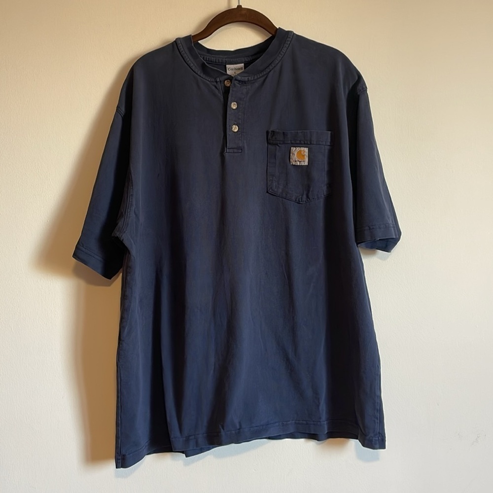 Y2K Carhartt Pocket T-Shirt Large Faded Blue Short Distressed Workwear Outdoor